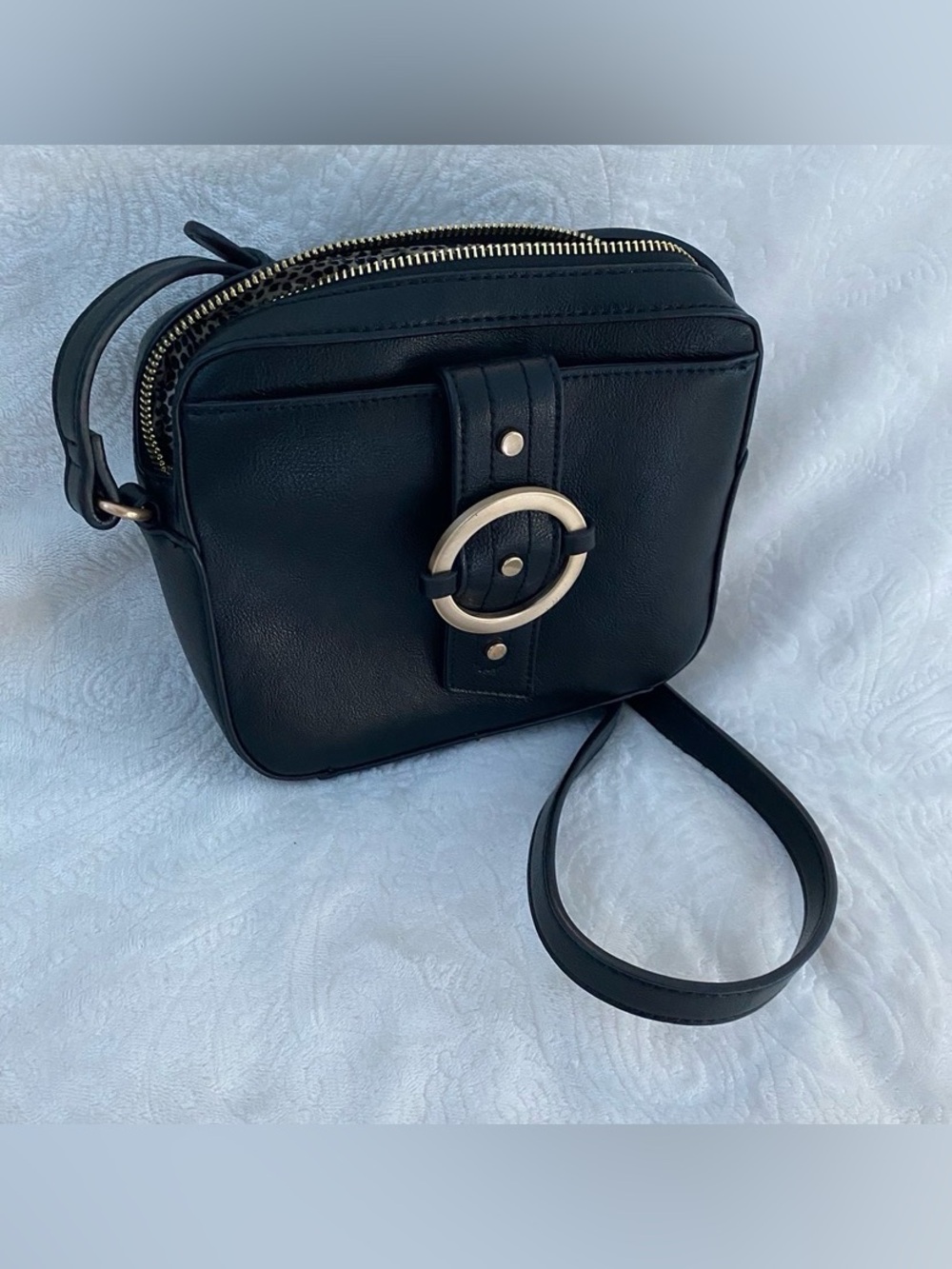 Sole Society Small Black Crossbody Camera Bag with Gold Hardware